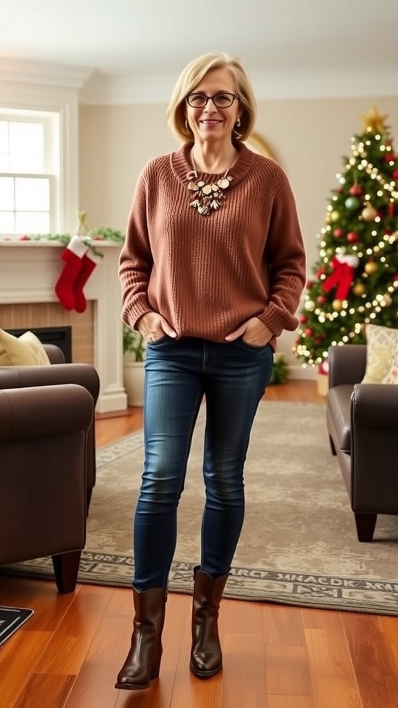 A fashionable woman over 50 in a casual Christmas outfit with a cozy sweater and jeans.